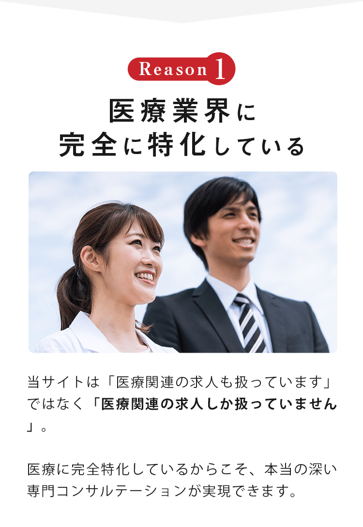 Reason1 医療業界に 完全に特化している 当サイトは「医療関連の求人も扱っています」ではなく「医療関連の求人しか扱っていません」。医療に完全特化しているからこそ、本当の深い専門コンサルテーションが実現できます。